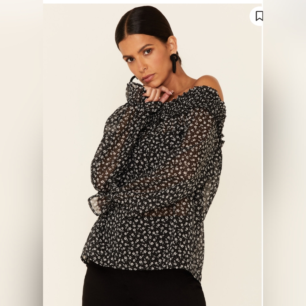 Wild Moss Black and White Chiffon‎ Off the Shoulder Blouse